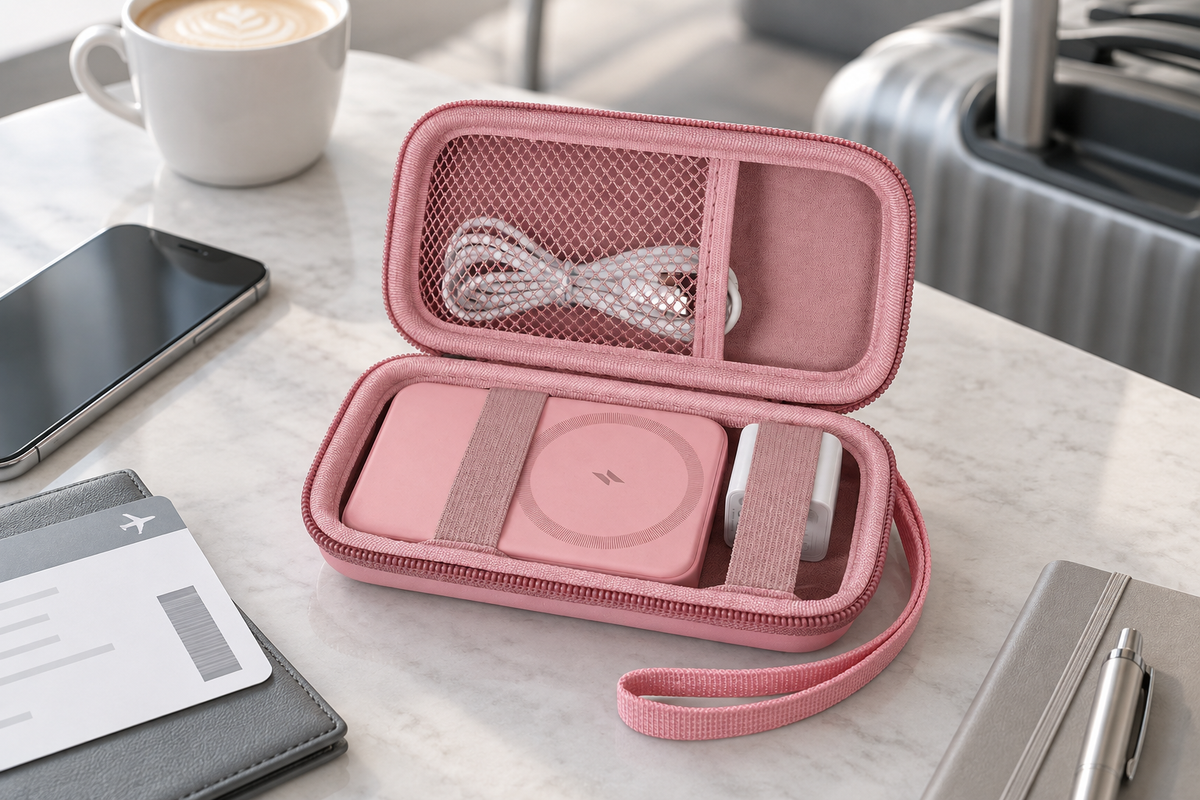ALKOO pink MagSafe power bank travel case open on a gray-white airport table after Apple event planning