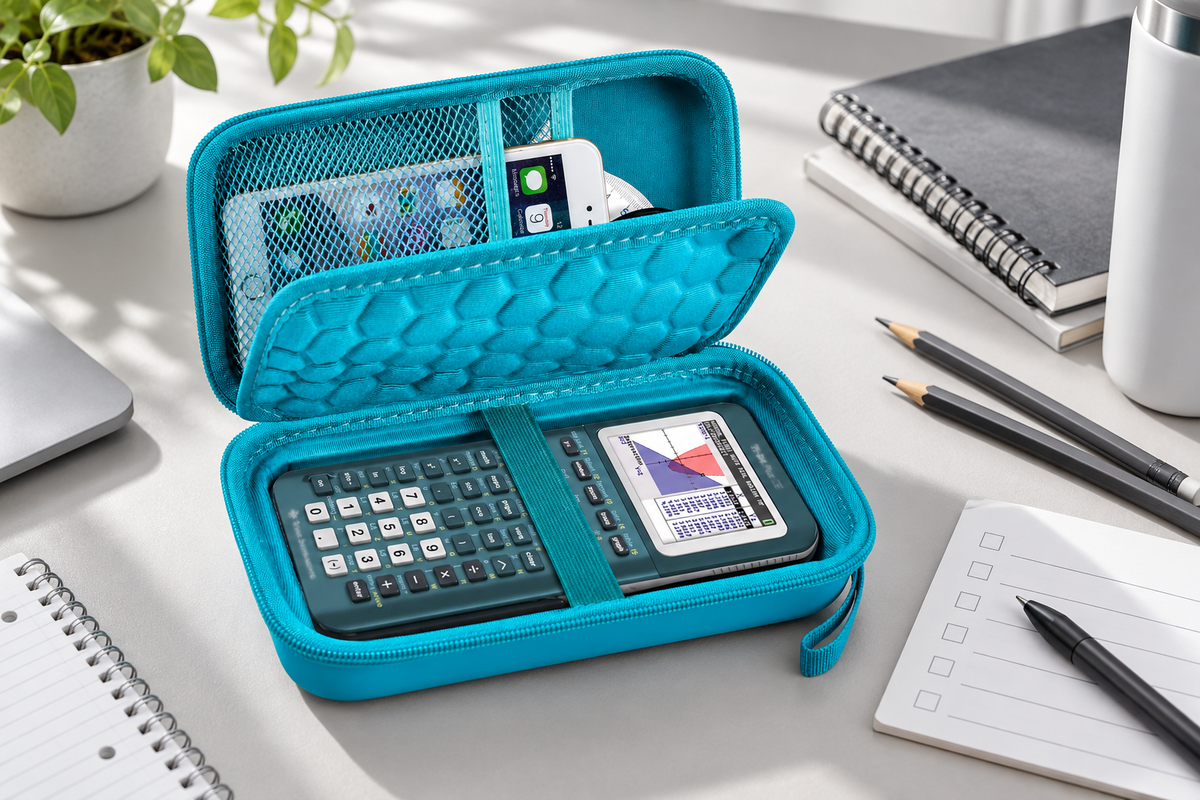ALKOO teal calculator case open on a gray-white study desk for SAT and AP exam preparation