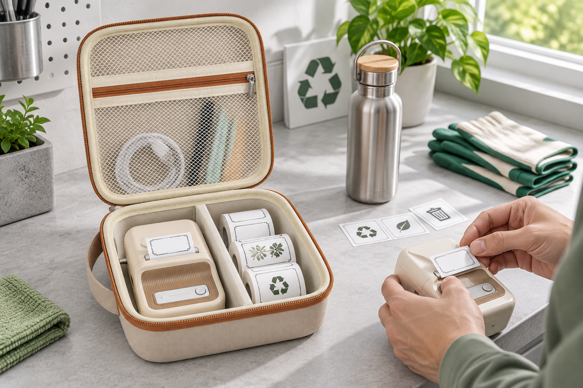 Volunteer organizing a label maker and label rolls in an open beige ALKOO case after a community cleanup