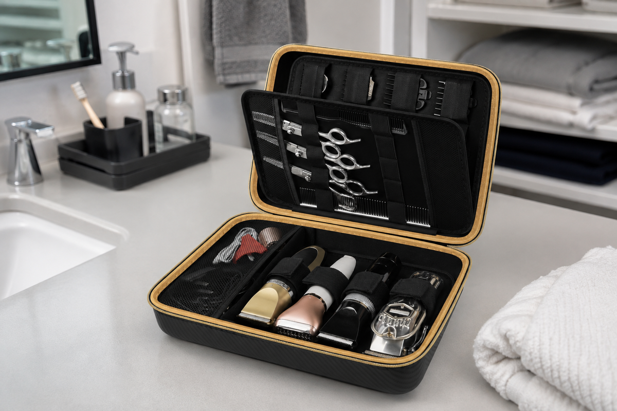 ALKOO hair clipper travel case open on a gray-white dorm vanity for back-to-school grooming organization