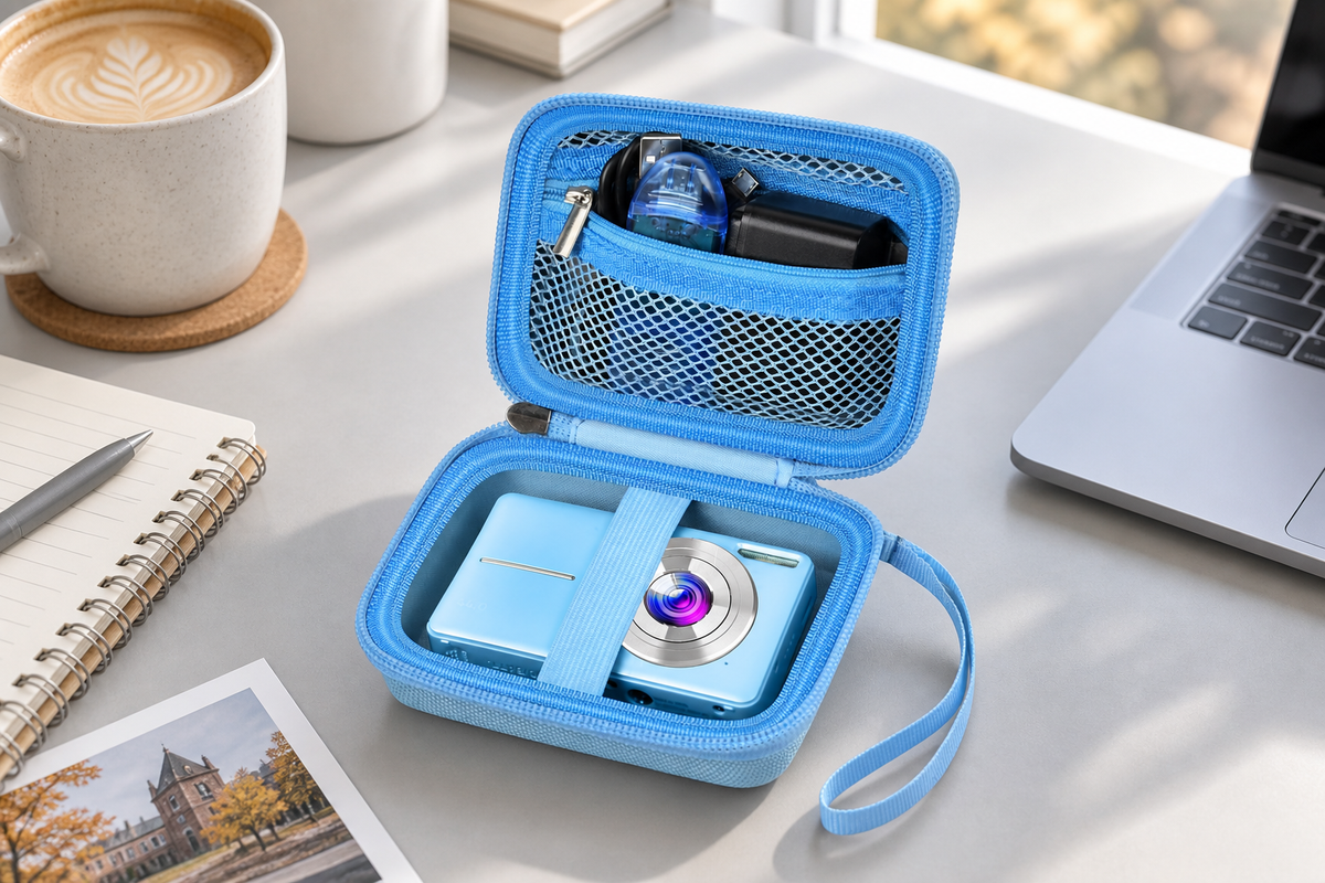 ALKOO blue compact digital camera case open on a gray-white campus creator desk with notebook and laptop
