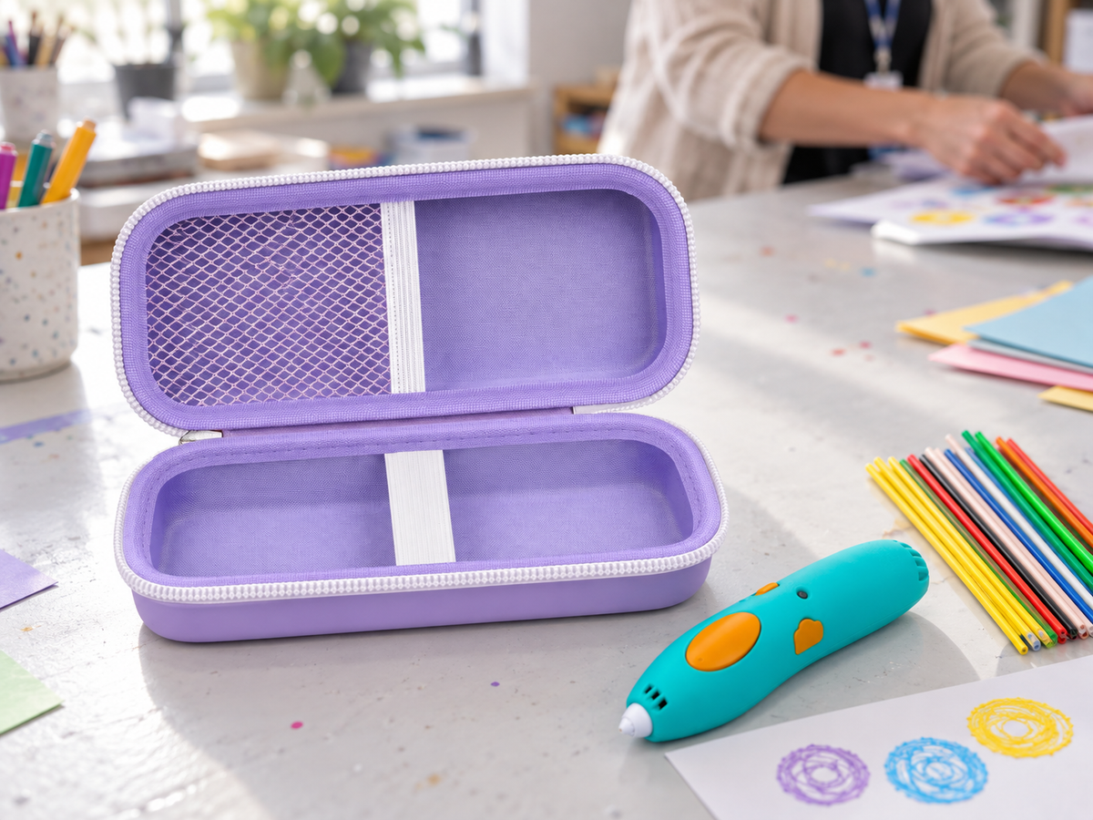 Open lavender ALKOO 3D pen case with white retaining band and half-width mesh pocket on a classroom art table