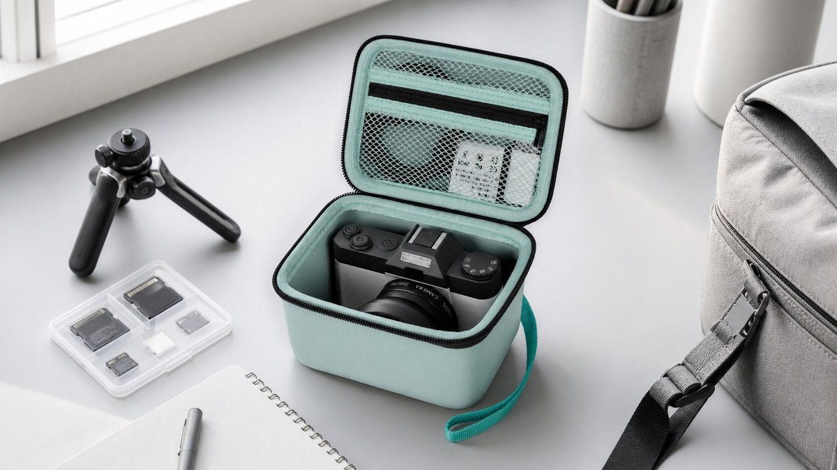 ALKOO mint vlogging camera case naturally photographed in a gray-white creator gear reset scene