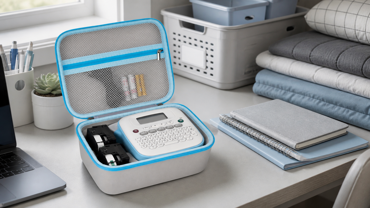 ALKOO label maker carrying case naturally photographed on a gray-white college dorm desk for back-to-school organization