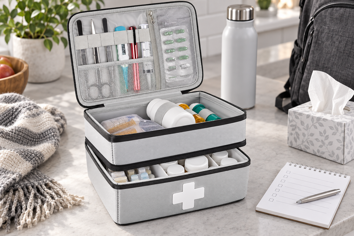 ALKOO gray medicine organizer case open on a gray-white kitchen counter for fall allergy season preparation