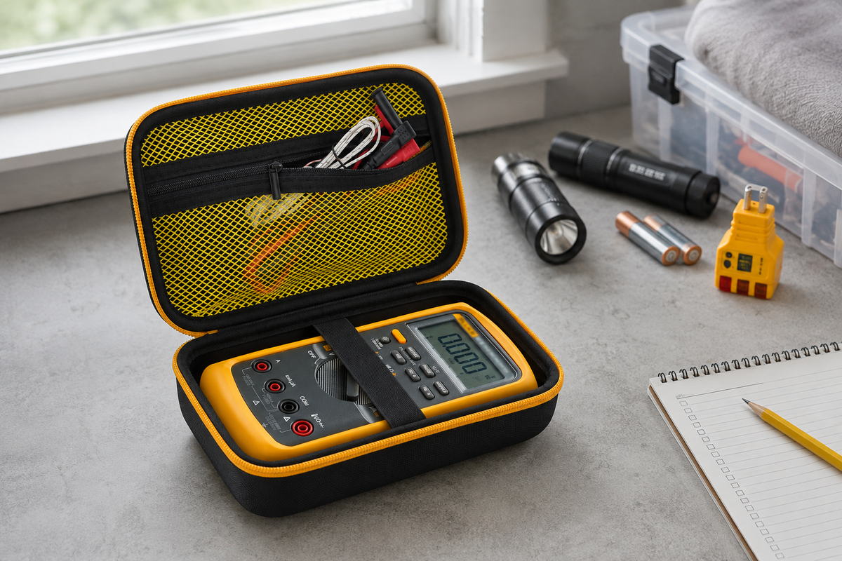 ALKOO Fluke digital multimeter hard case open on a gray-white workbench for hurricane season preparedness