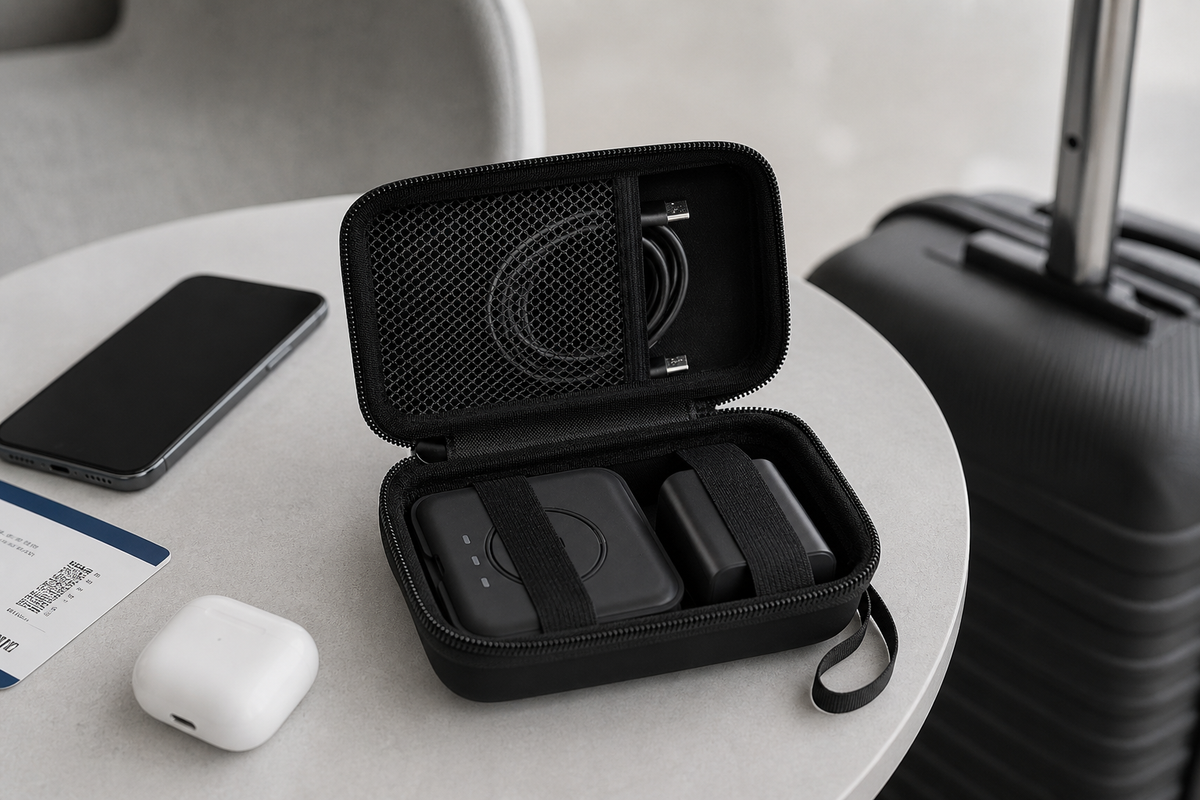 ALKOO 3-in-1 wireless charger travel case on a gray-white airport lounge table for Labor Day return travel organization