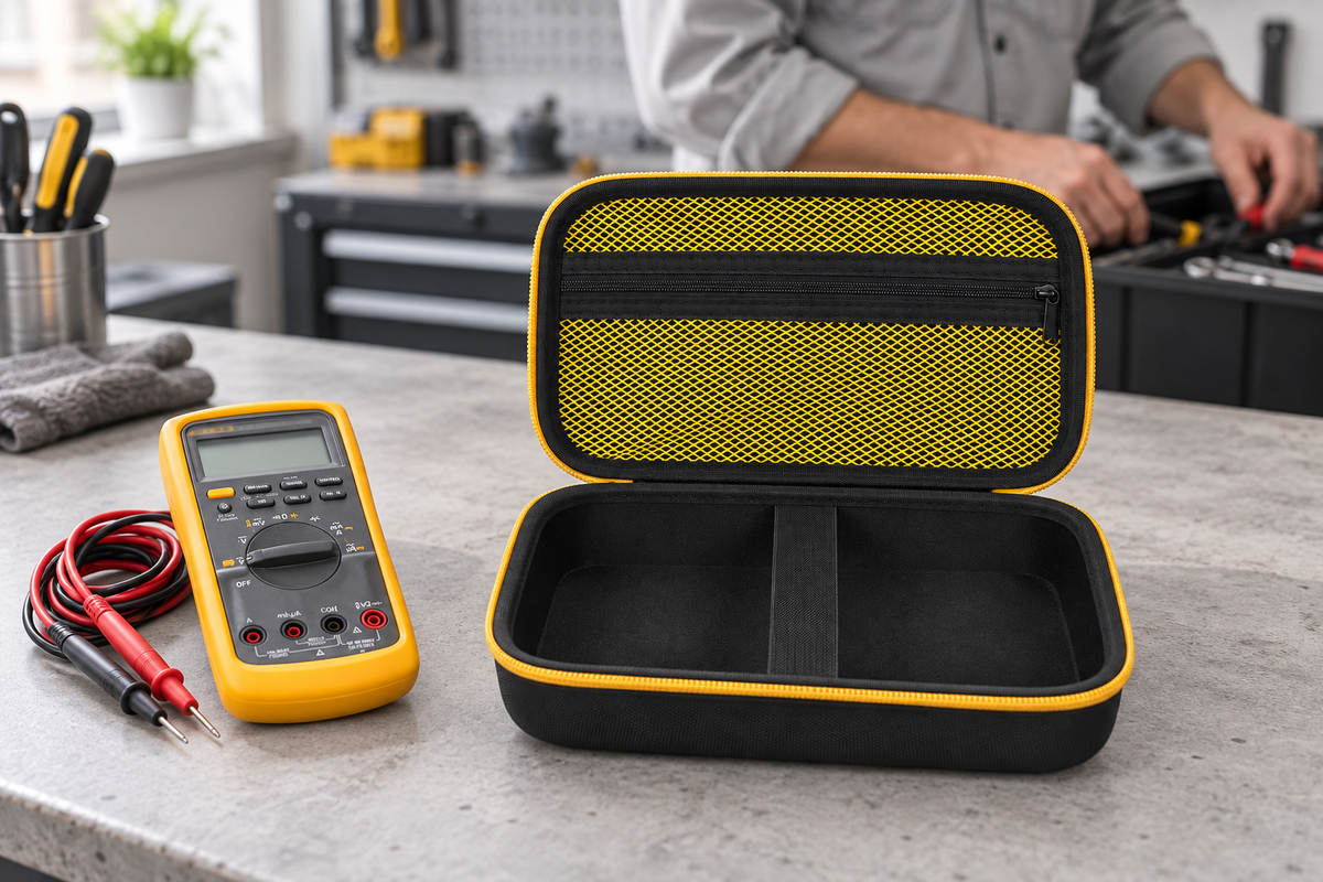 Open black ALKOO multimeter case with yellow mesh pocket on a gray workshop bench beside a meter and leads