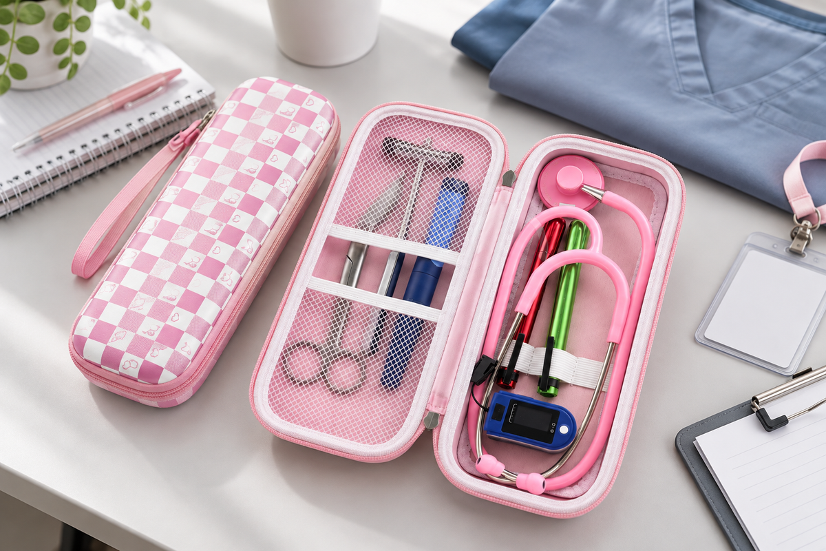 ALKOO pink stethoscope carrying case open on a gray-white nursing student clinical prep desk