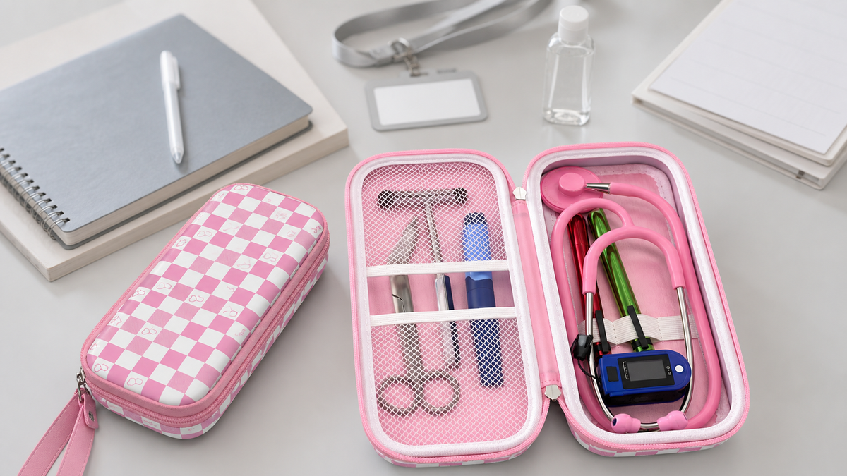 ALKOO stethoscope carrying case organized on a nursing student desk for back-to-school clinical gear