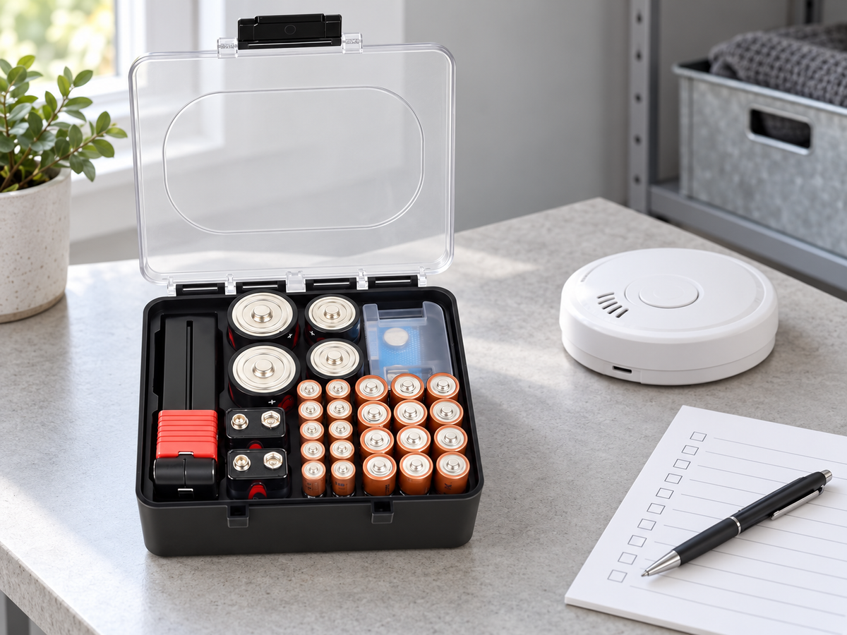 Black ALKOO battery organizer with clear lid open on a light-gray utility table beside a smoke alarm and blank checklist.