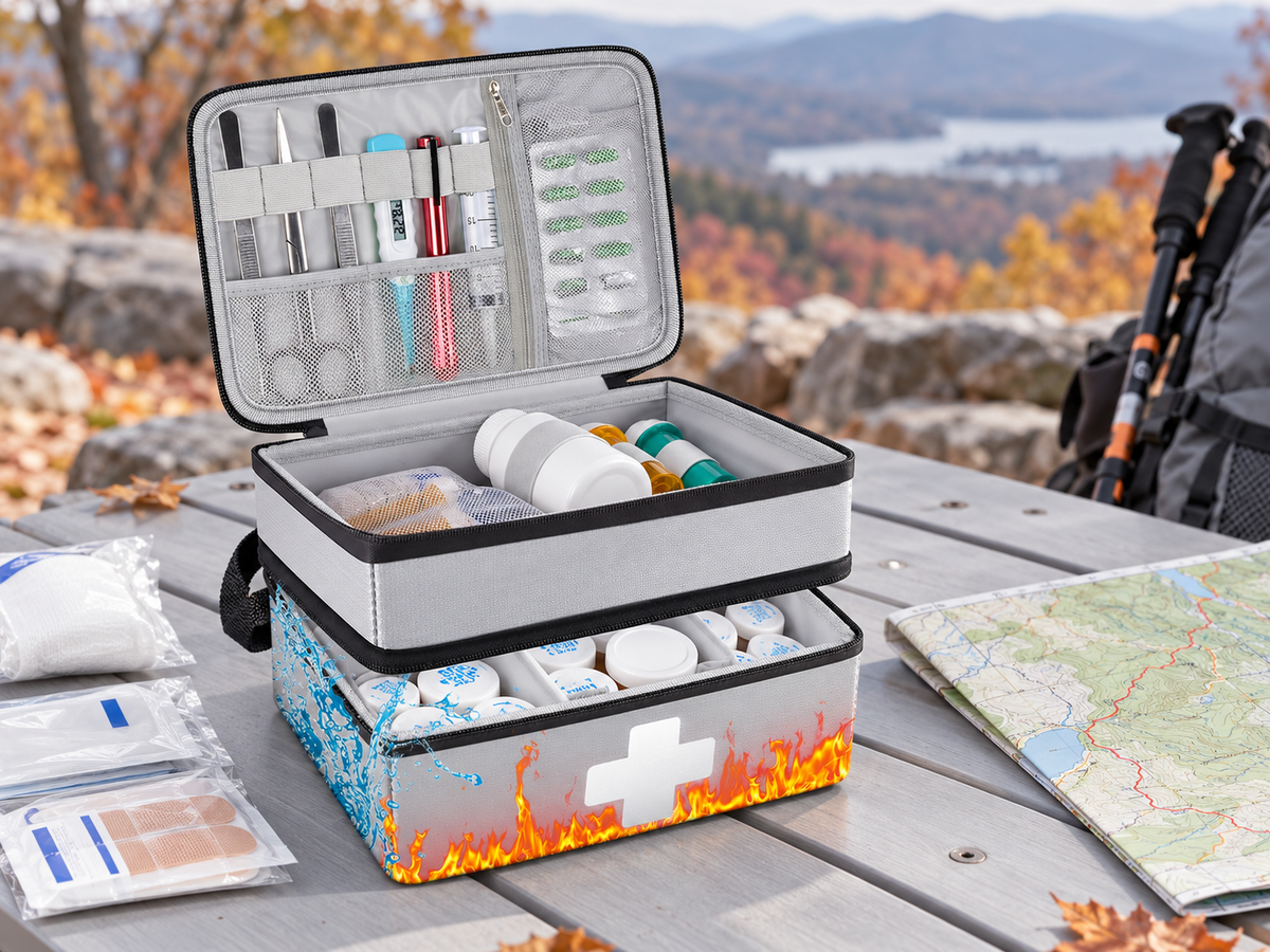 Silver-gray ALKOO two-tier first-aid organizer open on a gray picnic table with lid mesh pockets and lower divided storage.
