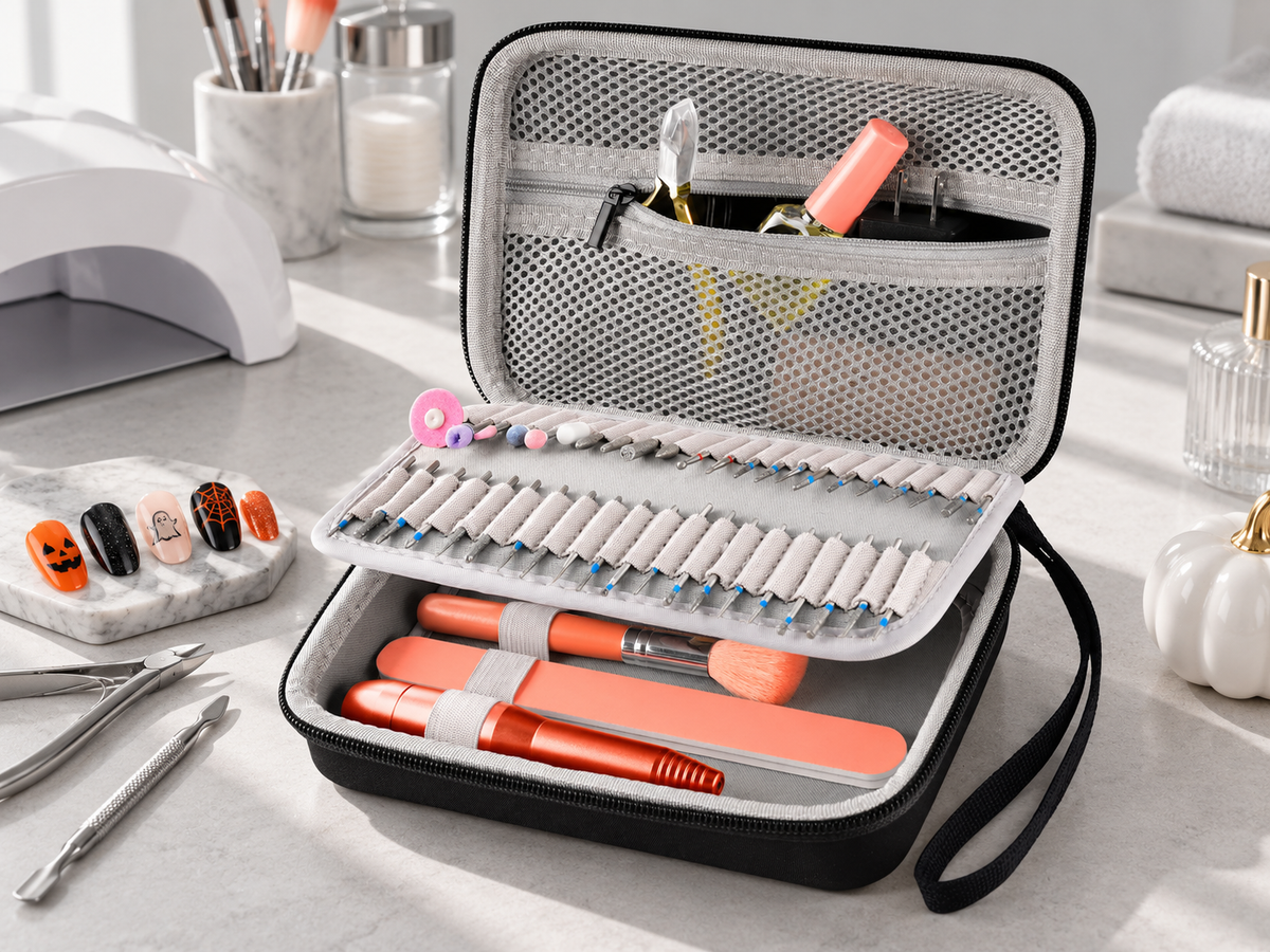 Black ALKOO nail drill kit case open on a gray manicure desk, showing the gray mesh pocket, drill-bit loops and lower elastic holders.