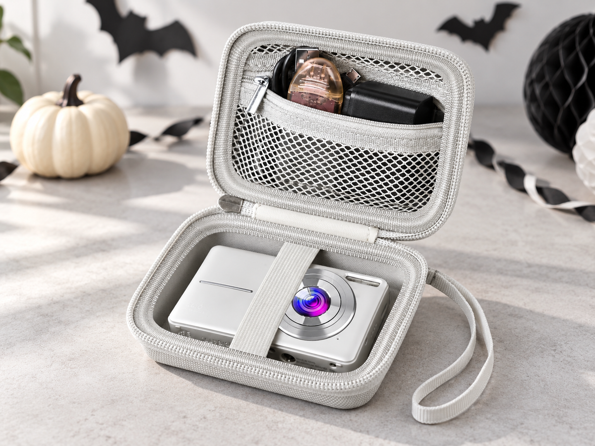 Light-gray ALKOO compact camera case open on a Halloween photo tabletop with a mesh pocket, elastic camera strap and wrist loop.