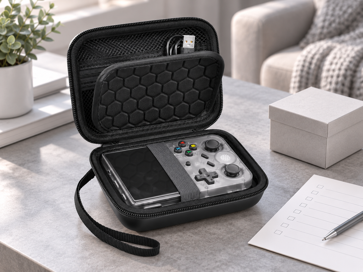 Black ALKOO retro handheld case open on a light-gray gift-planning desk with honeycomb divider, mesh pocket and elastic console strap.