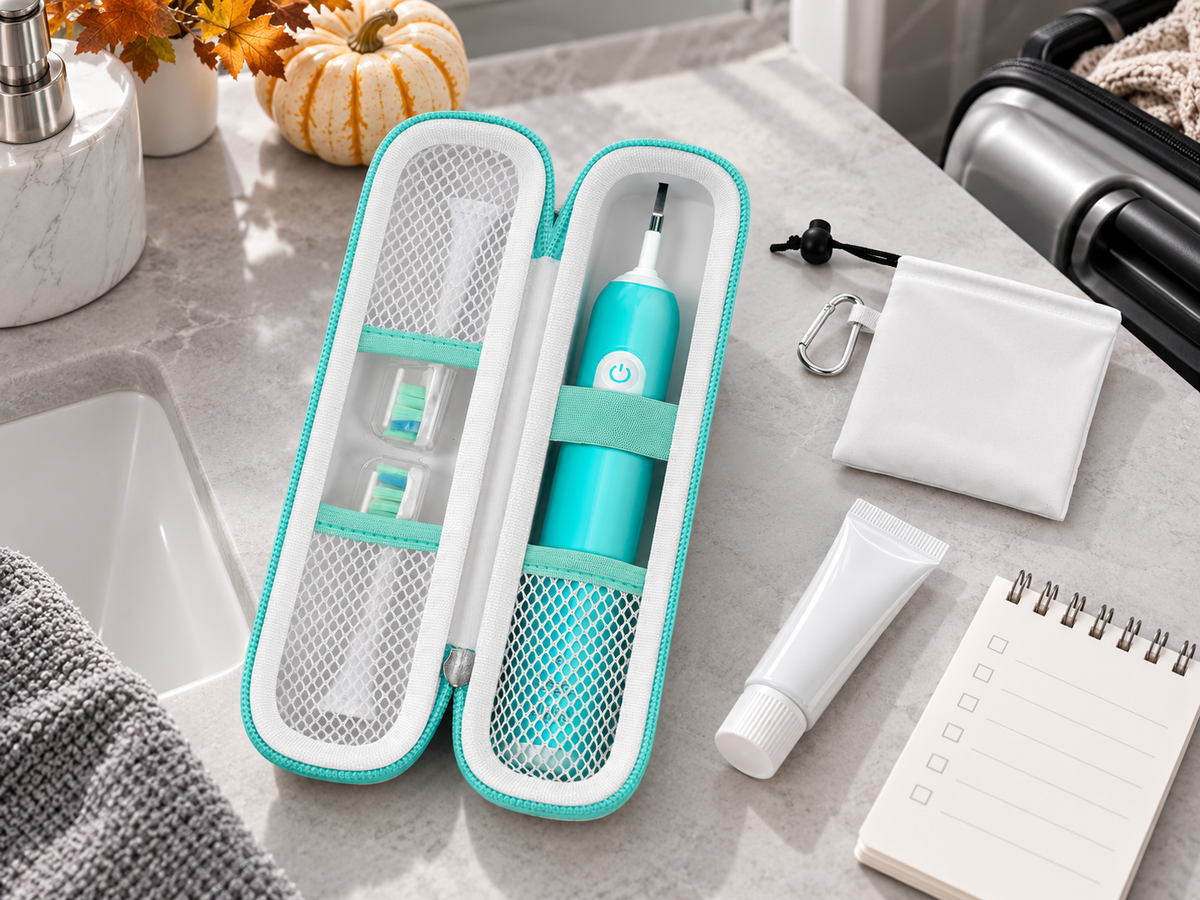 White ALKOO compact toothbrush case with mint trim open on a gray bathroom vanity, showing mesh pocket and elastic holder.