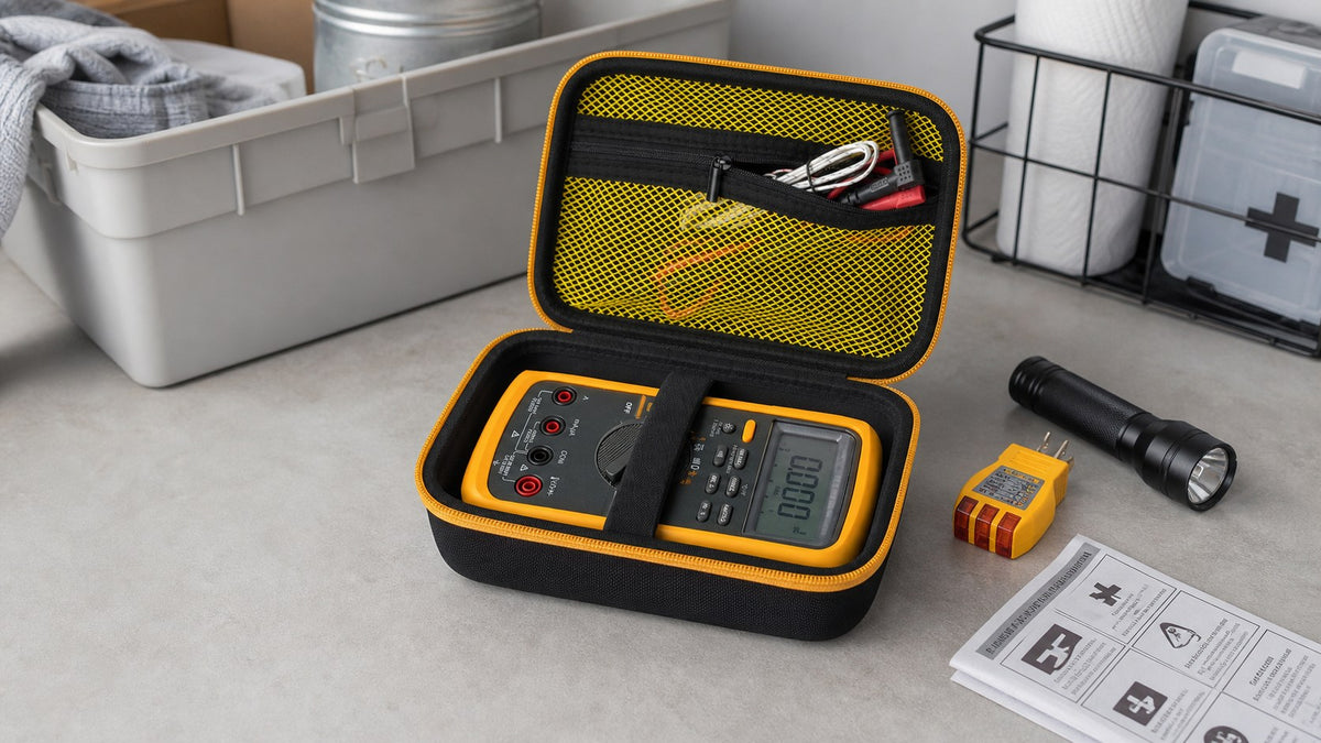 ALKOO black and yellow digital multimeter case naturally photographed in a gray-white home emergency tool scene