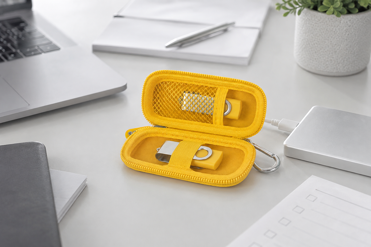 ALKOO yellow USB flash drive and SD card organizer open on a gray-white home office desk for September preparedness backups