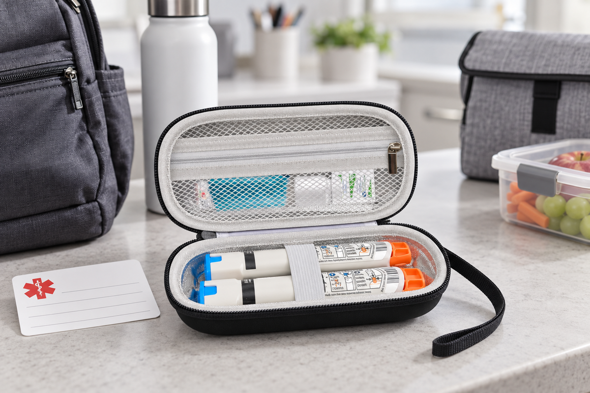 ALKOO black EpiPen medical carrying case open on a gray-white school preparation counter