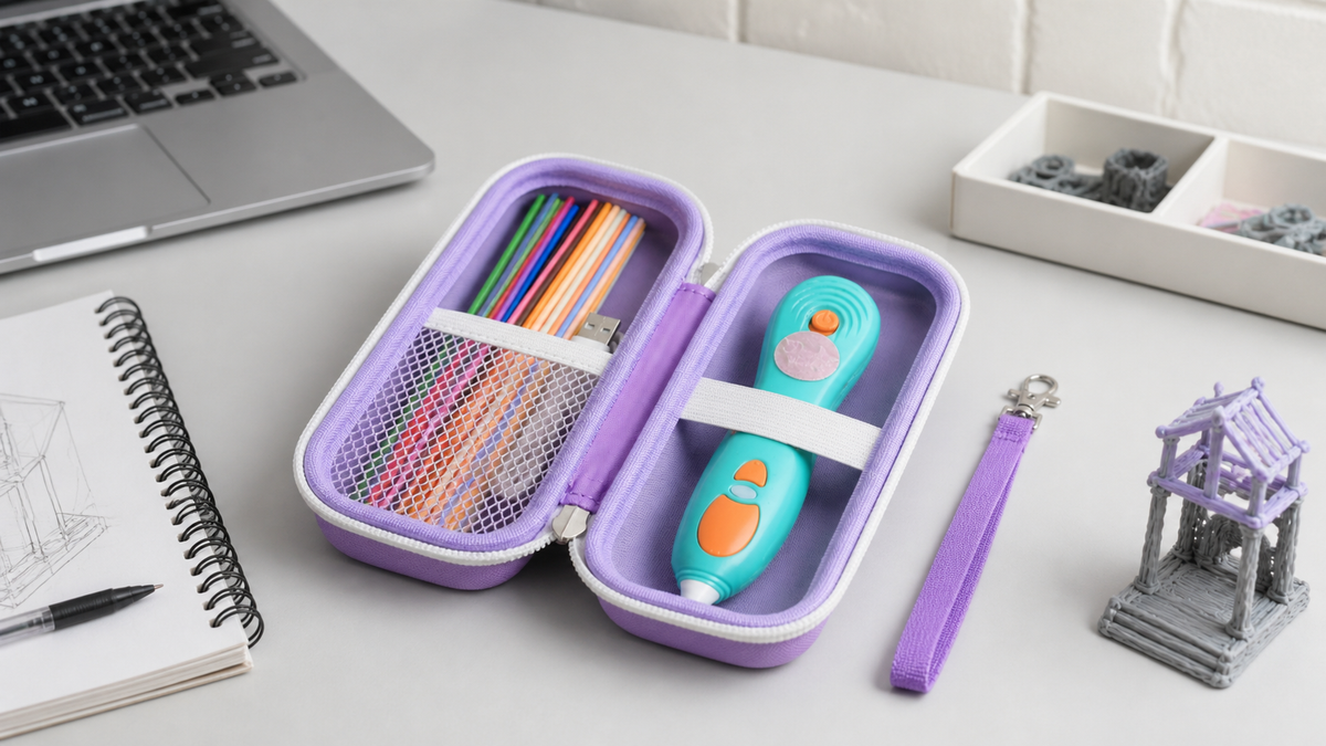 ALKOO 3D printing pen travel case on a student maker desk with filaments and project materials
