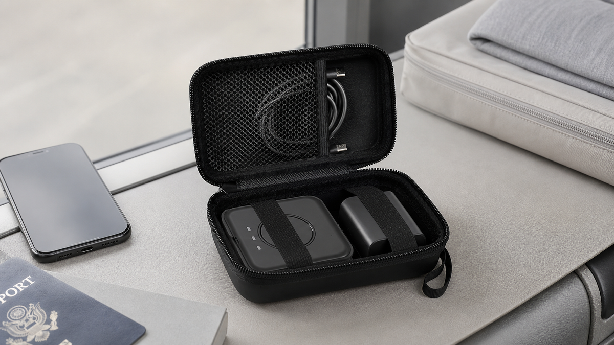 ALKOO black wireless charger travel organizer naturally photographed in a gray-white airport packing scene