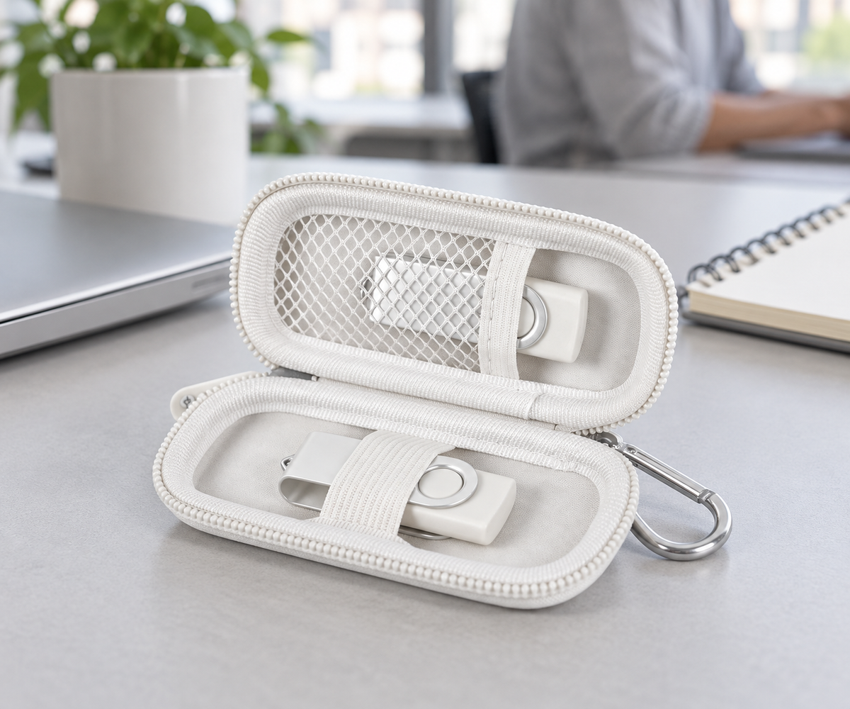 White ALKOO USB flash drive case with elastic band, lid mesh pocket and silver carabiner on a gray office desk