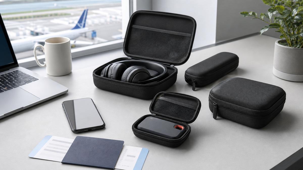 Workcation travel tech organization with ALKOO protective cases for headphones SSDs camera gear and small accessories