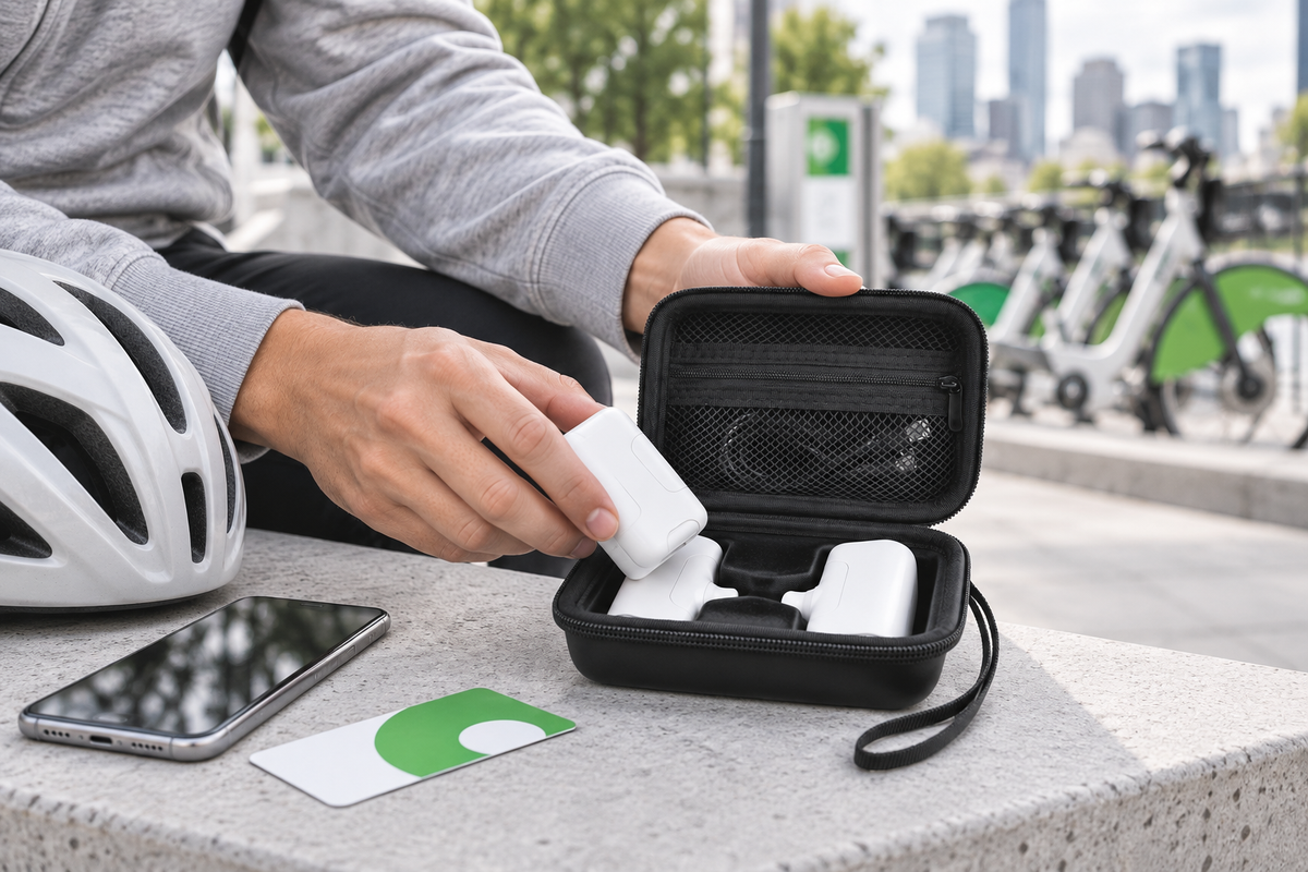 Commuter packing mini power banks into an open black ALKOO charger case beside a bike-share station