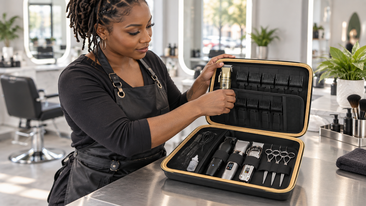Woman barber organizing clippers and guards in an open black ALKOO professional tool case