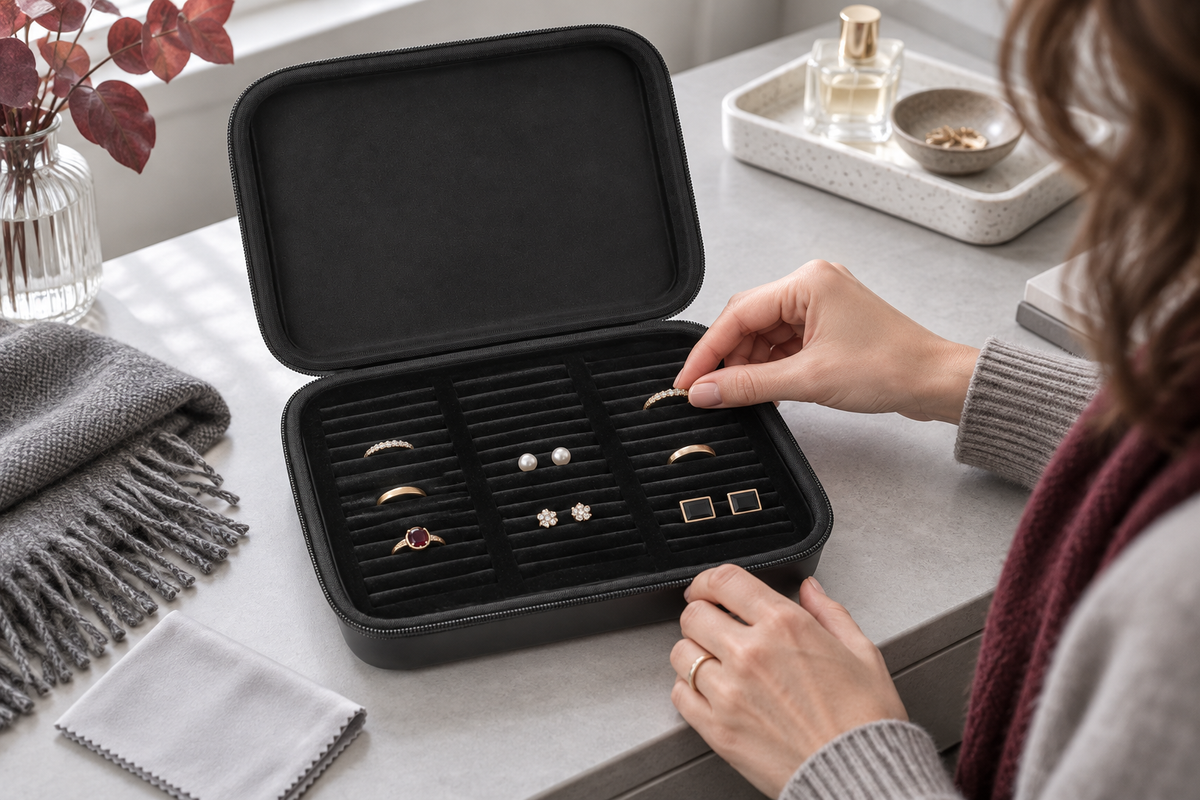 Woman organizing rings and earrings in a black ALKOO 42-slot jewelry case for an autumn wardrobe reset