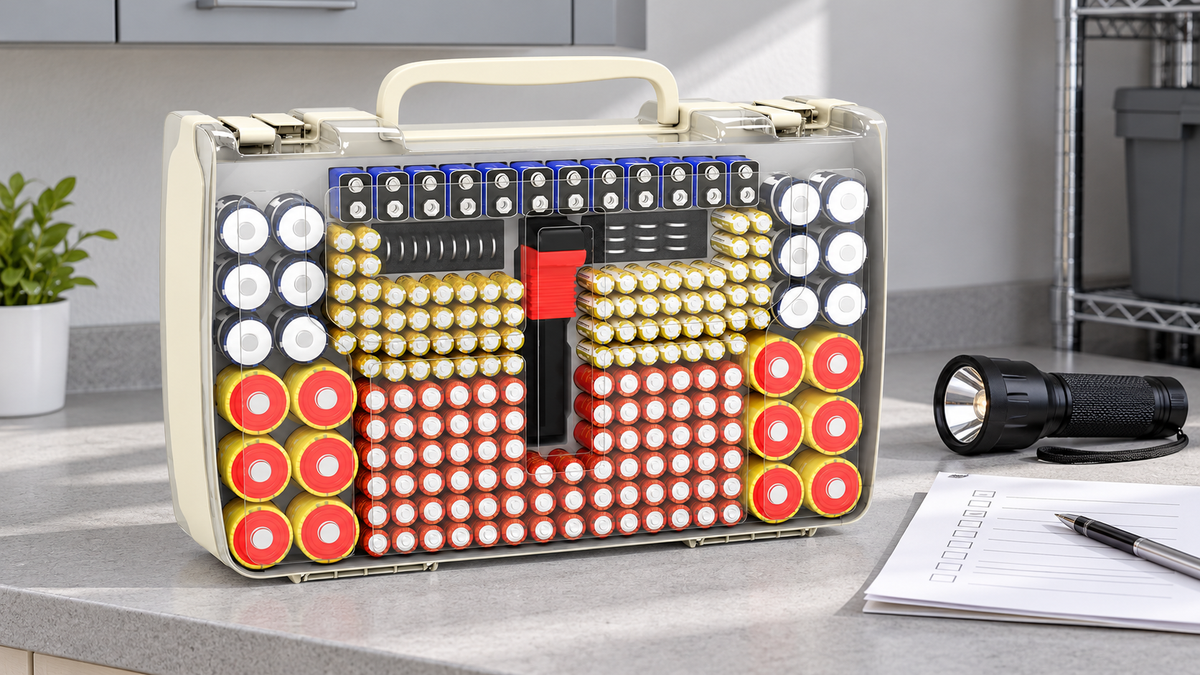 Cream double-sided battery organizer with transparent covers, molded slots and red tester on a gray household utility counter.