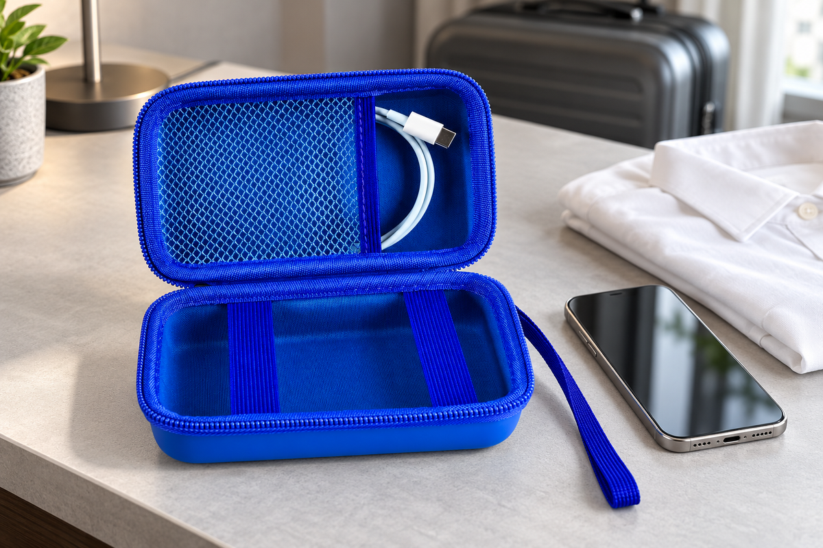 Royal blue charging-station case with two elastic bands and a mesh cable pocket on a gray travel-packing desk.