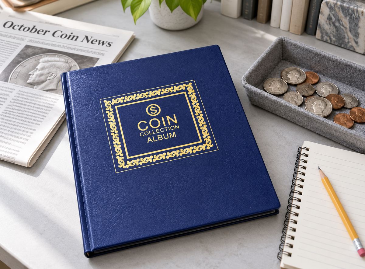 Navy blue coin collection album with gold cover lettering beside a gray sorting tray and inventory notebook.