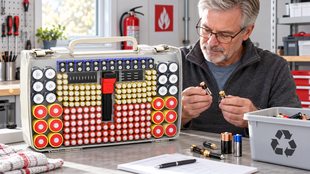 Older American homeowner sorting household batteries into an ALKOO 269-slot battery organizer on a bright gray garage workbench during Fire Prevention Week.