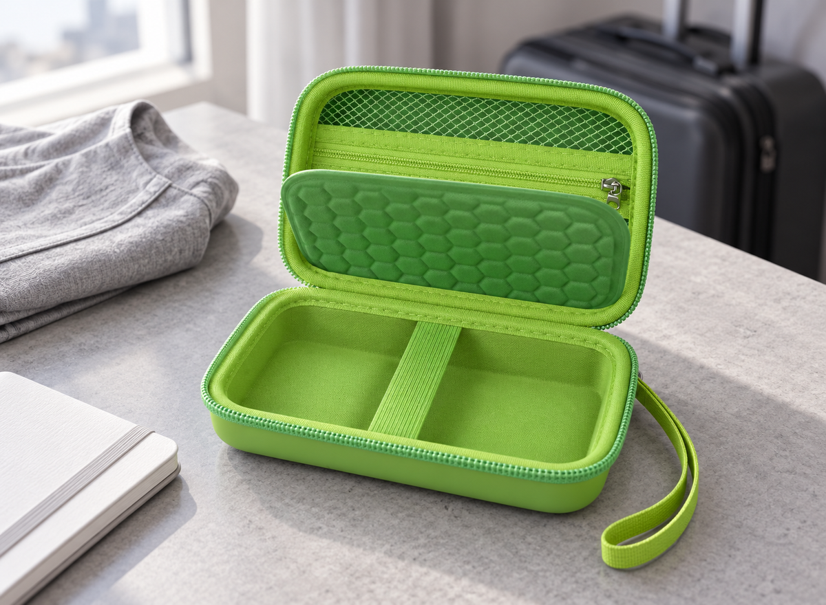 Green retro handheld case with a hexagonal padded flap, single elastic strap and zippered mesh pocket on a gray hotel desk.