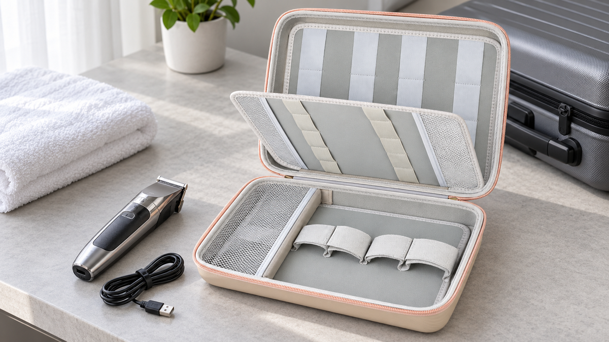 Open beige ALKOO clipper case with pale gray loops, hinged accessory flap and rose-gold zipper on a gray hotel desk beside a clipper and cable.