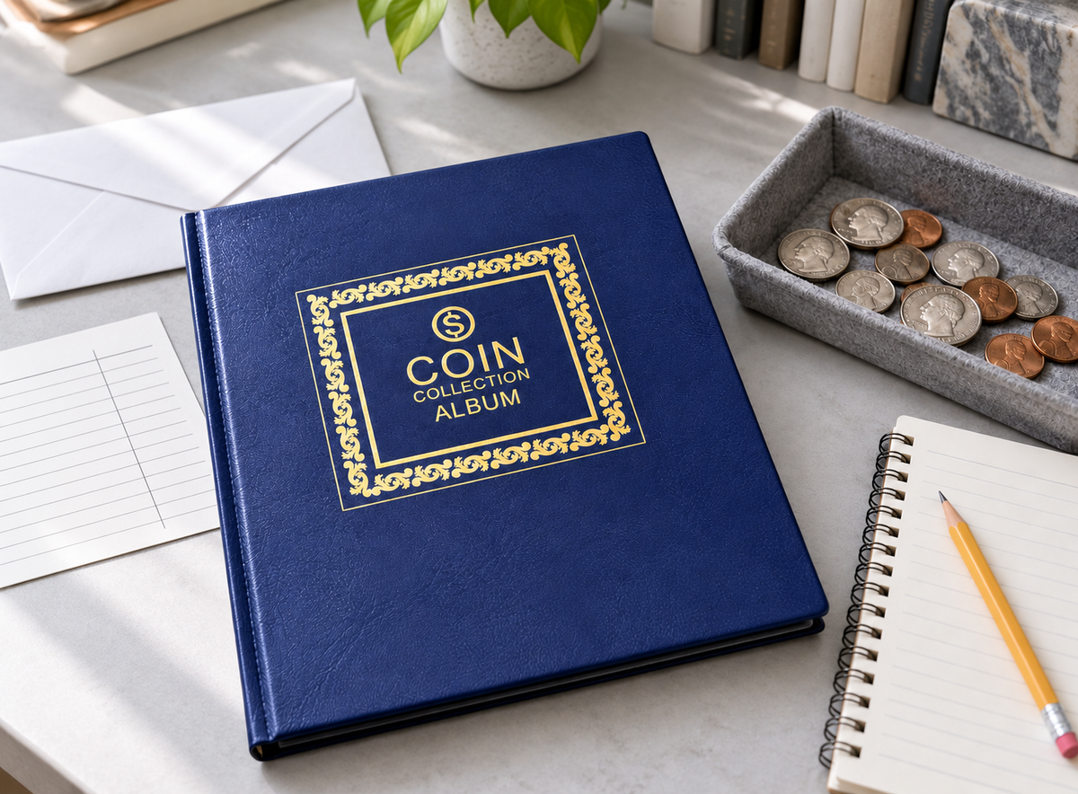 Navy ALKOO coin collection album with gold cover detail beside a coin tray, blank inventory card and white envelope on a gray table.