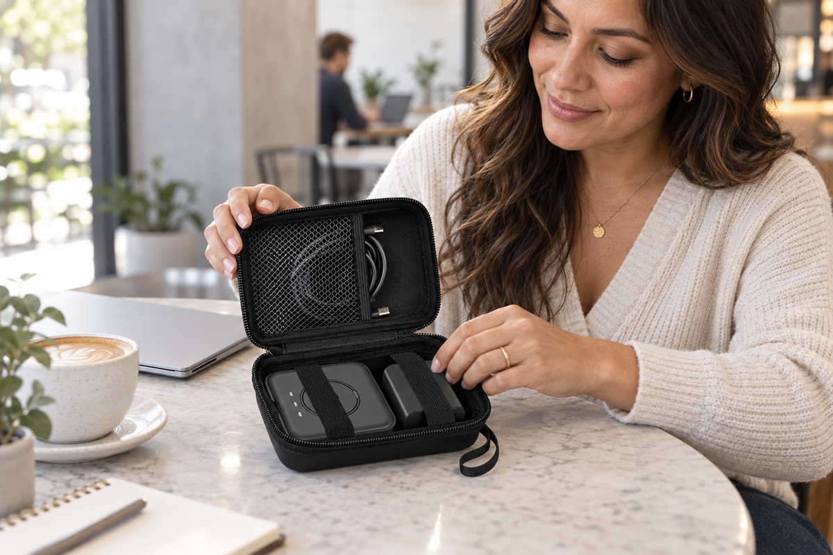 Latina remote worker packing a black ALKOO wireless charger organizer at a coffee shop table