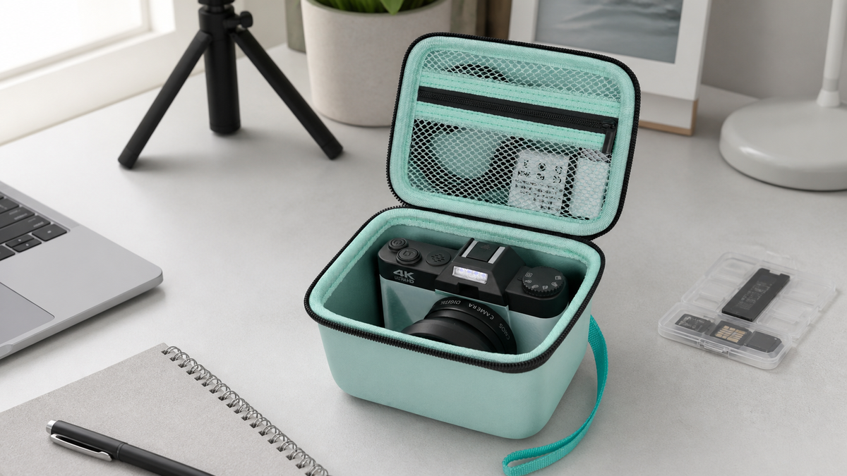 Mint ALKOO vlogging camera case on a gray desk with a laptop and memory cards during pre-event packing.