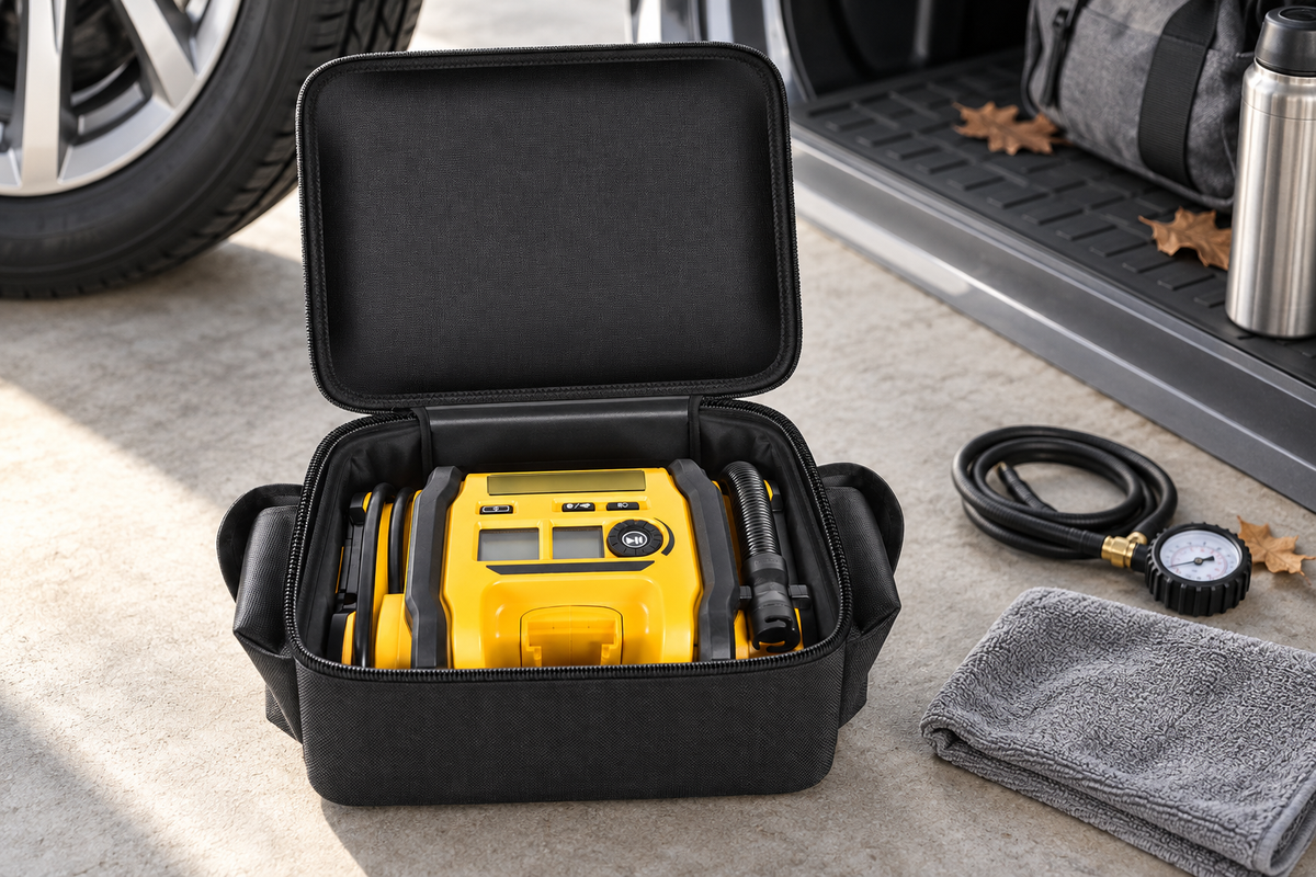 Open all-black ALKOO inflator bag beside a parked vehicle, pressure gauge and gray towel on a driveway; inflator and accessories not included.