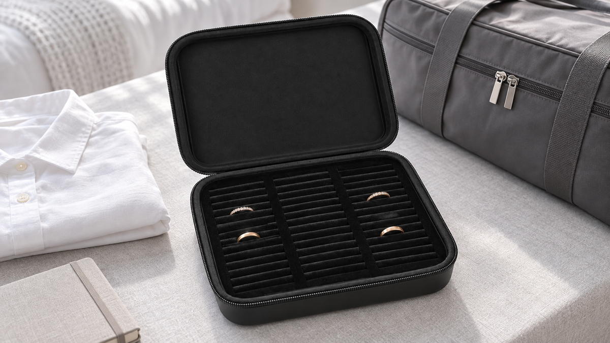 Open black ALKOO 42-slot ring organizer with a few adult rings beside a folded shirt and gray overnight bag.