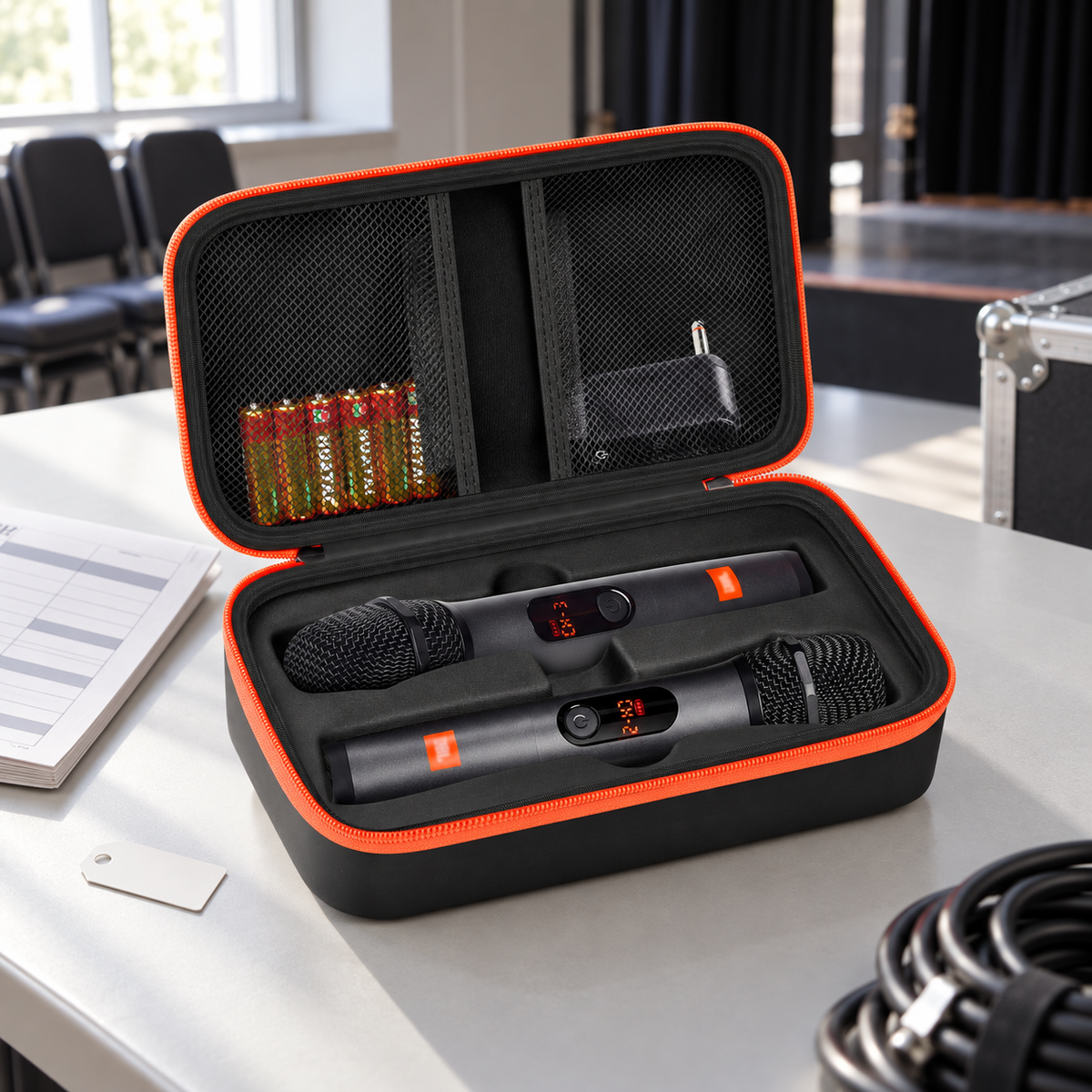 Black ALKOO two-microphone case with orange zipper trim open on a gray school theater prep table, showing divided cavities and lid mesh pockets.