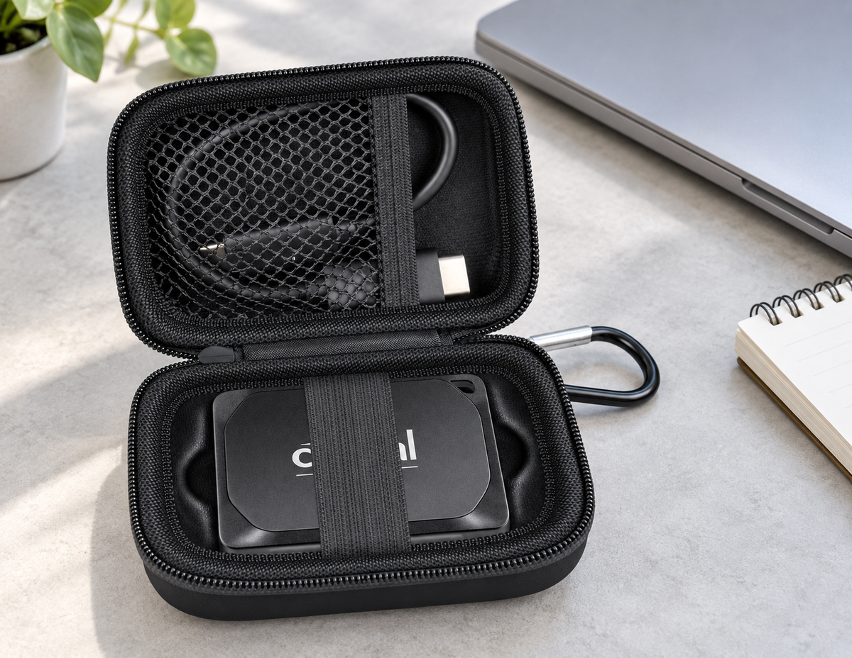 Black ALKOO portable SSD case open on a gray office desk with fitted drive tray, elastic band and mesh cable pocket.