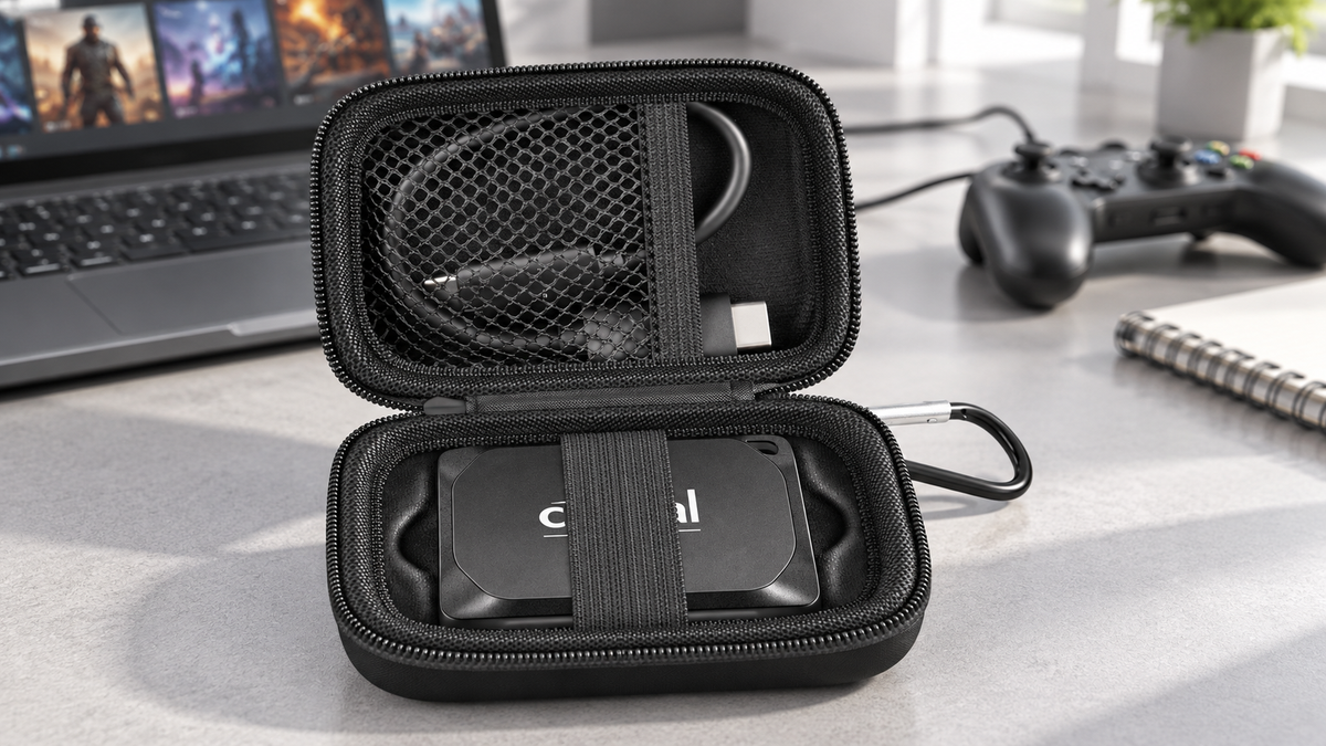 Black ALKOO Crucial SSD case with fitted base, elastic strap and half-open mesh lid pocket on a gray gaming preparation desk.