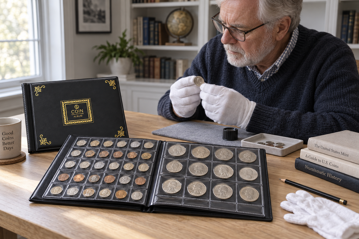 Older white coin collector organizing U.S. coins in a black ALKOO 300-pocket album