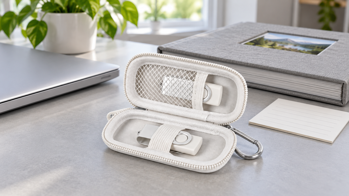 White ALKOO USB case with mesh pocket, elastic strap and silver carabiner beside a photo album and inventory card on a gray home desk.