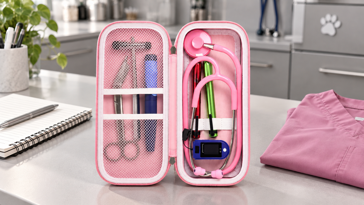 Open pink checkerboard ALKOO stethoscope case with white mesh and elastic storage on a veterinary staff preparation desk.