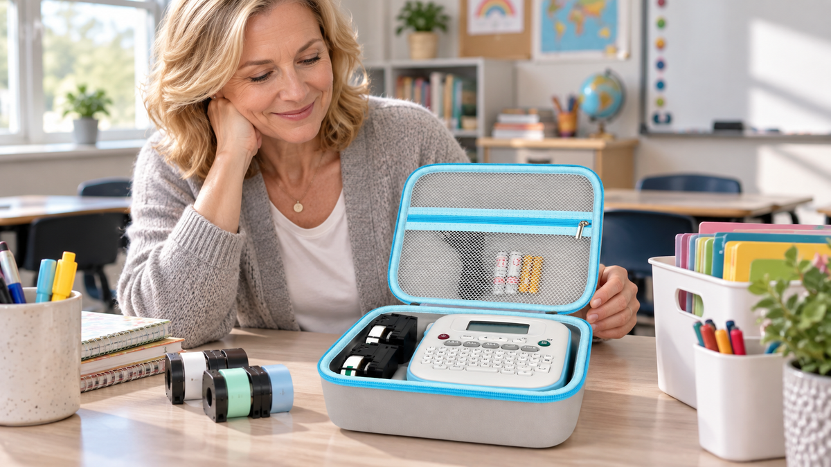 Teacher organizing an ALKOO label maker case at a classroom desk for World Teachers' Day 2026