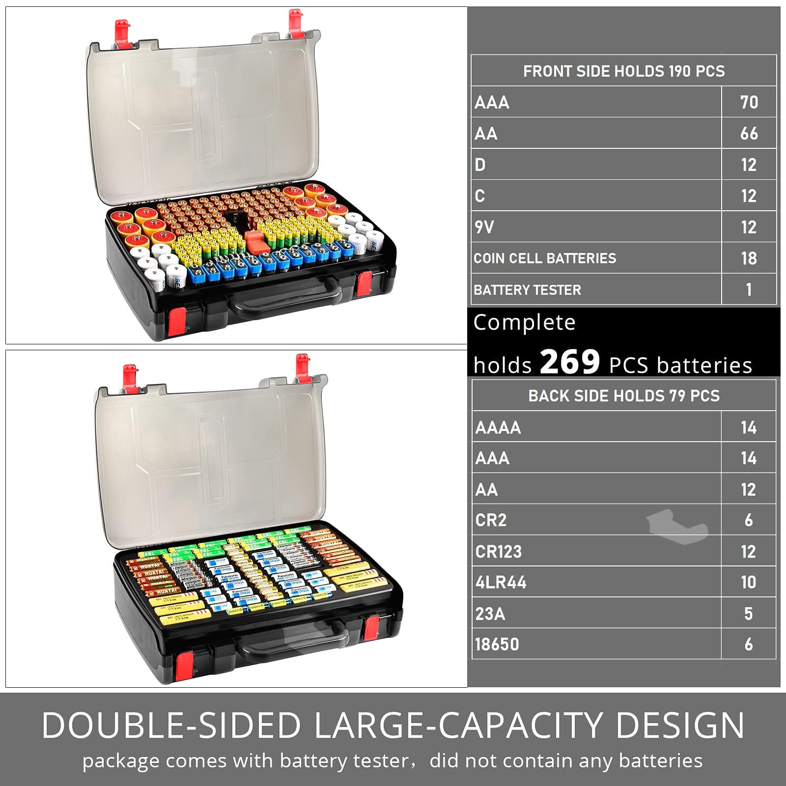 269 Slot Battery Organizer Case with Tester – Heavy Duty Storage Box for AA, AAA, 9V and More