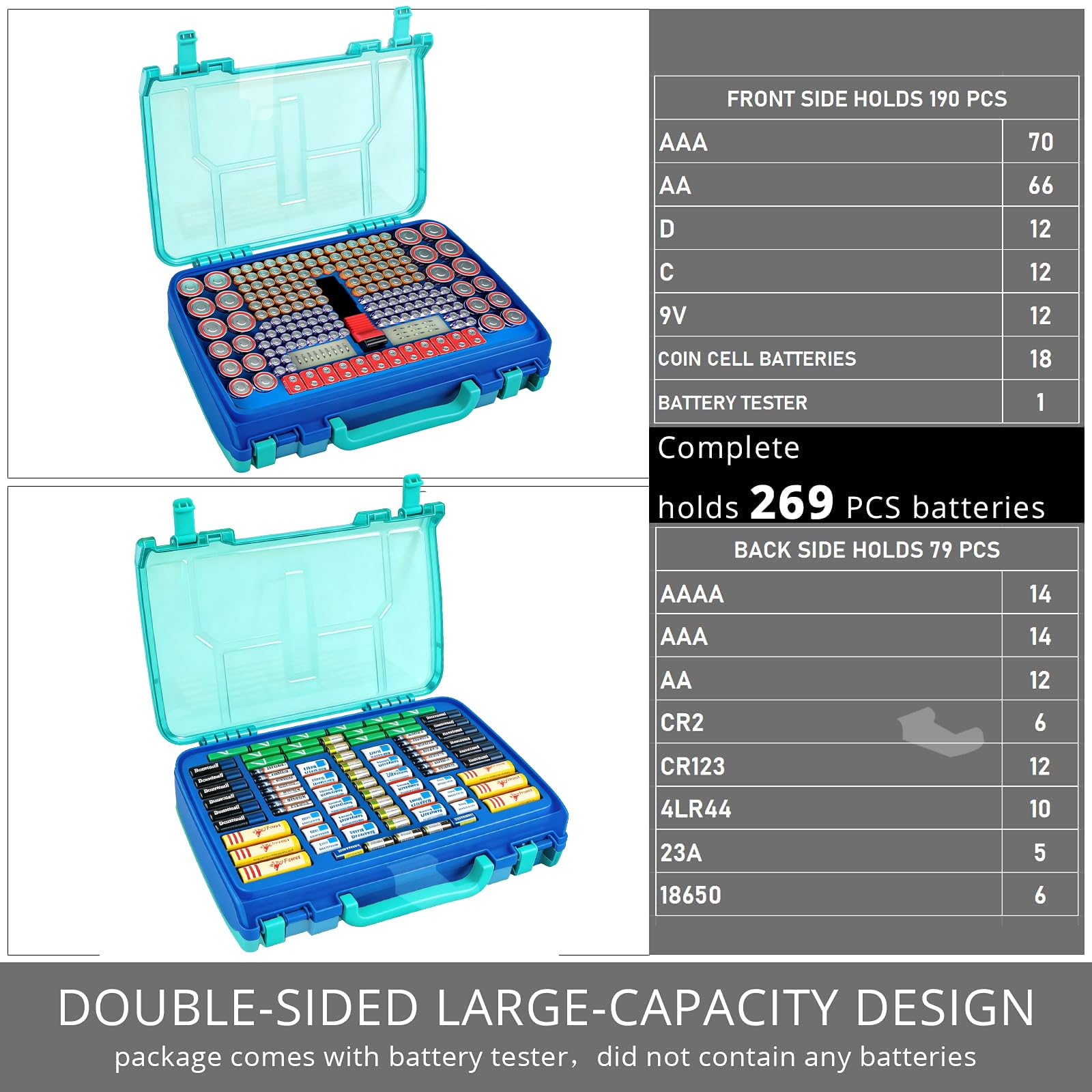 269 Slot Battery Organizer Case with Tester – Heavy Duty Storage Box for AA, AAA, 9V and More